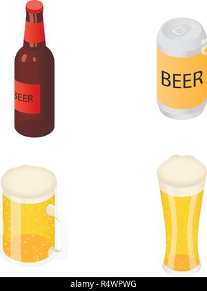 Beer bottles glass craft mug drinking cheers icons set. Isometric illustration of 4 beer bottles glass craft mug drinking cheers vector icons for web Stock Vector