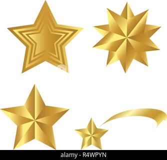 Realistic Golden Stars Vector Set Isolated on White Background. Glossy 3D Christmas star icon. Design element for design, card, invitation, print. Stock Vector