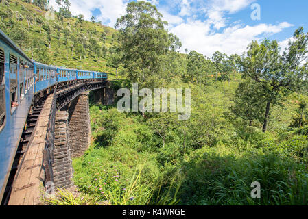 The Ella to Kandy Diesel train locomotive winds through tea plantations near Nuwara Eliya, Sri Lanka. Stock Photo