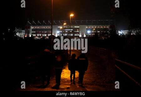 Fans make their way to the stadium before the Sky Bet Championship match at the bet365 Stadium, Stoke. Stock Photo