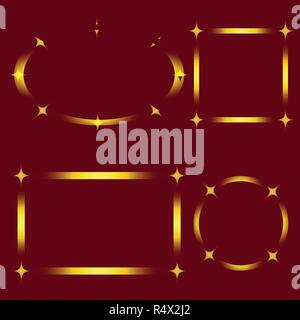 Set of Golden Stylish Frames with Stars isolated on Red Background. Vector Graphic Frame for design, card, invitation, print for Christmas, New Year,  Stock Vector