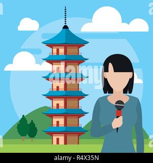 news journalist woman presenting from china porcelain tower of nanjing cartoon vector illustration graphic design Stock Vector