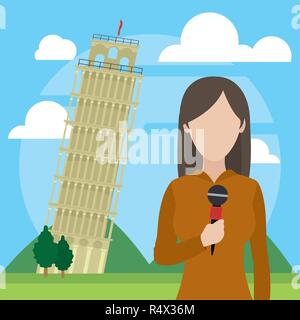 news journalist woman presenting from tower of pisa tourist place cartoon vector illustration graphic design Stock Vector