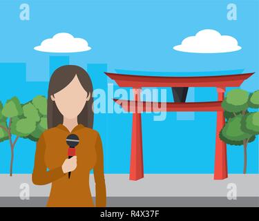 news journalist woman presenting from china tourist place cartoon vector illustration graphic design Stock Vector