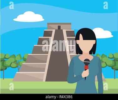 news journalist woman presenting from kukulkan temple tourist place cartoon vector illustration graphic design Stock Vector