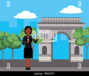 news journalist woman presenting from triumphal arch tourist place cartoon vector illustration graphic design Stock Vector