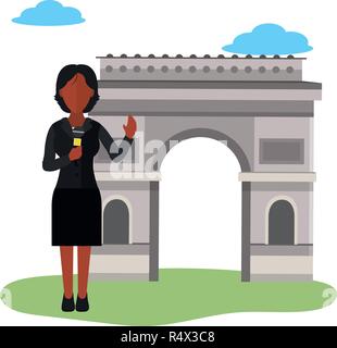 news journalist woman presenting from triumphal arch tourist place cartoon vector illustration graphic design Stock Vector