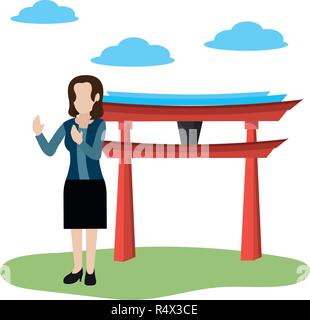 news journalist woman presenting from china tourist place cartoon vector illustration graphic design Stock Vector