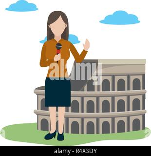 news journalist woman presenting from roman coliseum tourist place cartoon vector illustration graphic design Stock Vector