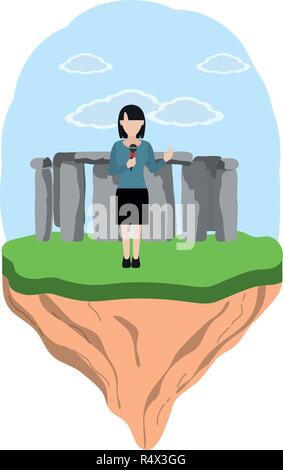 news journalist woman presenting from stonehenge touristic place cartoon vector illustration graphic design Stock Vector