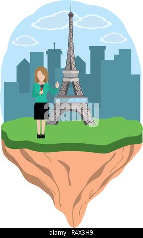 news journalist woman presenting from eiffel tower touristic place cartoon vector illustration graphic design Stock Vector