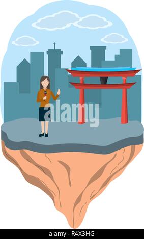 news journalist woman presenting from china touristic place cartoon vector illustration graphic design Stock Vector