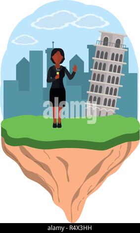 news journalist woman presenting from pisa tower touristic place cartoon vector illustration graphic design Stock Vector