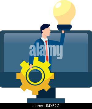 successful businessman avatar on computer screen support gears cartoon ...