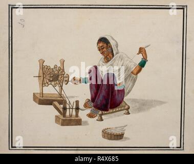 Woman spinning cotton Using a small wooden wheel with a handle. Source: Add. Or. 4234. Stock Photo