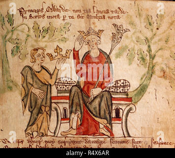 Edward II being offered a crown, [Drawing only] Edward II sitting on a throne, with sceptre in left hand, and touching his crown with his right hand. A small figure (possibly a personification of Wales) offers him another crown (probably the crown of Scotland). It is thought that the second figure is an allegory for Wales (which Edward II was the prince of) and is encouraging him to attack Scotland, which Edward did later in his reign. Museum: BRITISH LIBRARY. Stock Photo