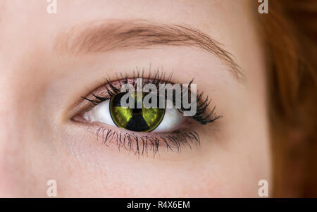 Human eye with radiation hazard symbol - concept photo. Stock Photo