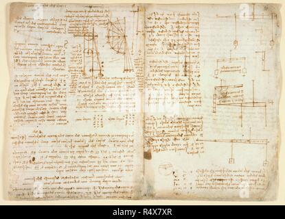 Drawings by Leonardo Da Vinici on on the mechanical powers and forces, percussion, gravity, motion, optics and astronomy, with various arithmetical and geometrical propositions. Leonardo Da Vinci's rough Book of observations. Italy, early 16th century. Written backwards in the author's own hand, and illustrated by diagrams and delineations. Leonardo Da Vinci's rough Book of observations and demonstrations on subjects chiefly of mixed Mathematics., being unconnected notes written by him at different times, commencing 22 March,1508. Source: Arundel 263 ff.32v, 31. Language: Italian. Stock Photo