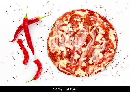 Pizza salami with red peppers, chili on white background Stock Photo