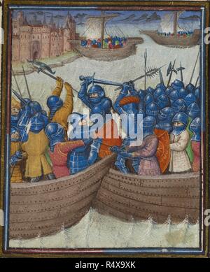 Miniature depicting a battle scene at sea, decorated initial 'L'(istoire) including heraldic arms and foliate borders. Roman de MÃ©lusine. France, N. (Amiens). c.1450. Medieval work Attributed to the quy Master. Source: Harley 4418, f.80v. Language: French. Stock Photo