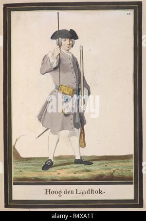 Soldier with musket. Drawings of Dutch Military Costurmes and Musket Exercises. Netherlands; 18th century. Image taken from Drawings of Dutch Military Costumes and Musket Exercises.  Originally published/produced in Netherlands; 18th century. Source: Add. 20728 22. Language: Dutch. Stock Photo