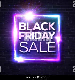 Black Friday Sale neon sign. Square light banner on blue night brick wall background. Discount card. Glowing vector bright signboard. Colorful illustration. Stock Vector