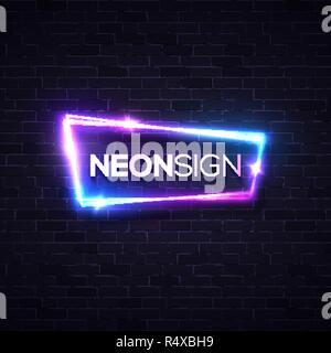Blue brick neon background. Music fest or punk party design template. Technology glowing lights banner sign. Electricity abstract frame with stars and sparkles. Electrical board vector illustration. Stock Vector