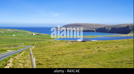 The fresh water loch Papil Water, Tresta Beach and Lamb Hoga peninsula on the island Fetlar, Shetland Islands, Scotland, UK Stock Photo