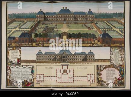 Plan and general view of the royal house of Nieuwburg. Plan and general view of the royal house of Nieuwburg located between Delft and The Hague (1697). In this rather overcrowded plate, the engraver J.A. Rietkesler combines views of the main and garden fronts of the palace at Rijswijk with a plan of the first and second floors distinguishing the areas occupied by the Allied and French ambassadors and the Swedish mediator. Text panels give the names of all the envoys and their secretaries. . Source: Maps.C.9.e.8.(69). Language: Dutch. Stock Photo