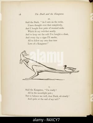 Duck sitting on the tail of a kangaroo.  Verse and illustrations from A Book of Nonsense by Lear. . A Book of Nonsense ... With all the original pictures and verses. George Routledge & Sons: London, England [1910.]. Source: 12812.bb.26 18. Language: English. Author: LEAR, EDWARD. Stock Photo