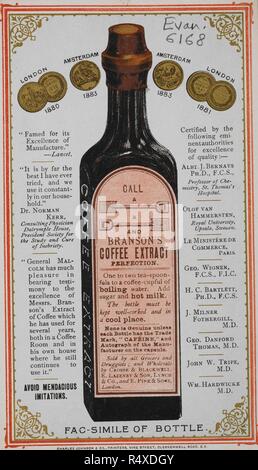 Advertisement. An illustration of a Branson coffee extract bottle; the main text of the advertisement is given on the bottle label  Notes Printed in red, blue, black and gold ink. - With opinions of the press arranged around the central illustration. . London, (1885 ?). 22 cm. Source: EVAN.6168. Language: English. Stock Photo