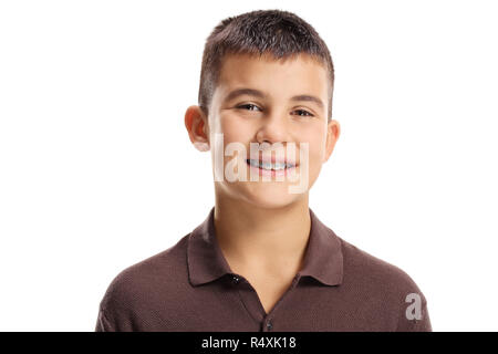 Cute boy with dental braces isolated on white background Stock Photo
