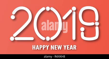 Happy New Year 2019 with on red background. Vector illustration with calligraphy design of number in paper cut and digital craft style. Stock Vector