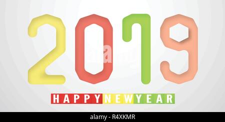 Happy New Year 2019 in material design concept on grey background. Vector illustration with colorful color in paper cut and digital craft style. Stock Vector