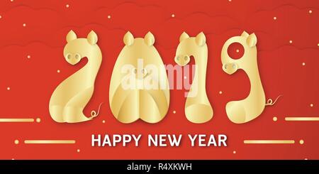 Happy New Year 2019 with shining background for zodiac of pig. Vector illustration with golden font in paper cut and digital craft. Stock Vector