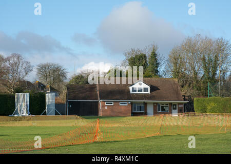 Cricket pitch and pavilion in the village of Littleton in Hampshire, UK