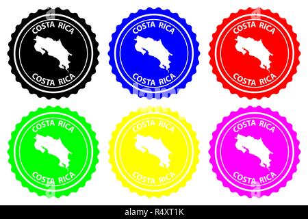 Costa Rica - rubber stamp - vector, Costa Rica map pattern - sticker - black, blue, green, yellow, purple and red Stock Vector