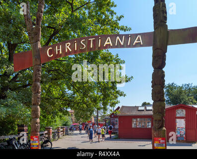 Sign at the entrance to Freetown Christiania looking down Pusher Street, Copenhagen, Denmark Stock Photo