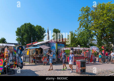 Market stalls on Pusher Street in Freetown Christiania, a commune in Christianshavn, Copenhagen, Denmark Stock Photo