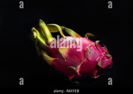 A whole, uncut dragon fruit isolated on black background. Stock Photo