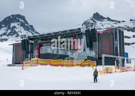 Ischgl, Austria - 30 April 2018: Gigantic stage being prepared for the closing concerts and local music stars Stock Photo