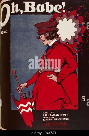 Music cover showing a young attractive woman wearing a red uniform, and holding an umbrella. Oh Babe ! (just save your kisses for your yankee soldier boy). A song. McKinley music & co. Chicago. New York. 1912. Colour illustration. Source: H.3994.t.(43). Language: English. Author: Klickmann, F. Henri. Stock Photo