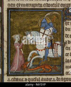 Saint George riding over the dragon: the princess kneeling. La Legende Doree. France; 1382. Saint George in armour riding over the dragon: the princess kneeling.  Image taken from La Legende Doree.  Originally published/produced in France; 1382. . Source: Royal 19 B. XVII, f.109. Language: French. Stock Photo