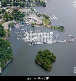 Aerial view of Gananoque in Ontario, Canada. The town is seen as a gateway to the Thousand Islands region, on the border of the USA and Canada.