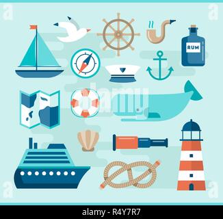 set of beautiful nautical flat icons Stock Vector