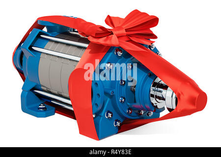 Horizontal multistage centrifugal pump with bow and ribbon, gift concept. 3D rendering isolated on white background Stock Photo