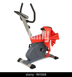 Stationary exercise bike with bow and ribbon, gift concept. 3D rendering isolated on white background Stock Photo