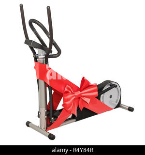 Elliptical trainer with bow and ribbon, gift concept. 3D rendering isolated on white background Stock Photo