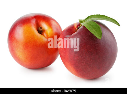 Peaches or nectarines with leaf isolated on white background Stock Photo