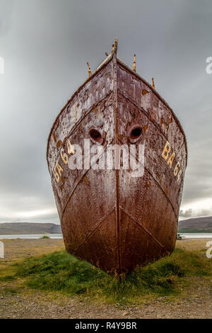 The Garðar BA 64, the oldest surviving steel ship in Iceland, deliberately beached in Skápadalur valley in Patreksfjörður in 1981. Built in 1912. Stock Photo